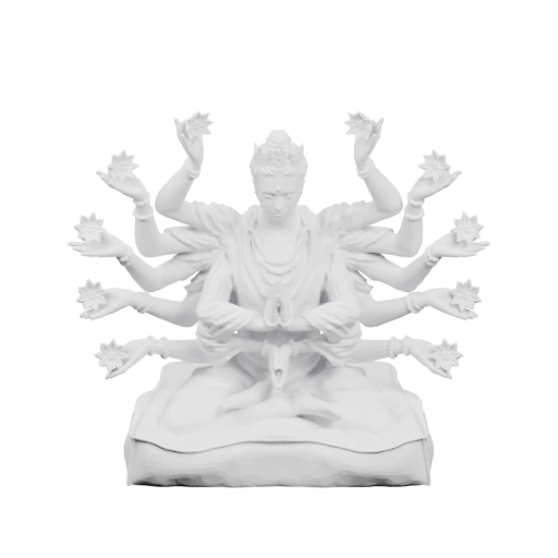 Сидит в позе лотоса, много рук