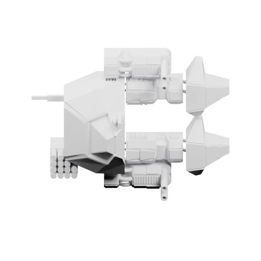 Трёхмерная модель боевого меха — робота с бронёй, оружием и двигателями. Используется как фигурка для настольных игр, коллекциони