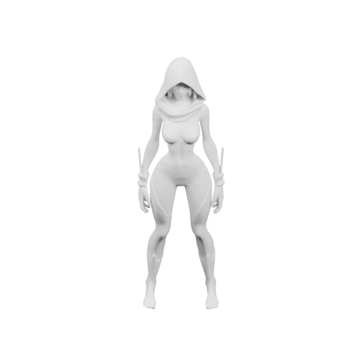 Женщина в капюшоне, стоящая в боевой позе