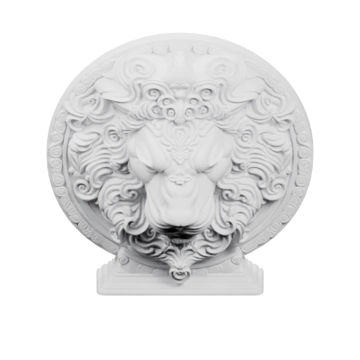 Декоративный элемент с изображением головы льва и орнаментами