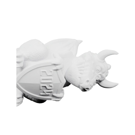 Маленький дракон с рогами и крыльями держит щит с цифрой