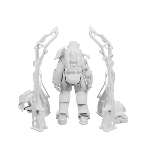 Силуэт в тяжёлой броне с вытянутыми конечностями и детализированными панелями