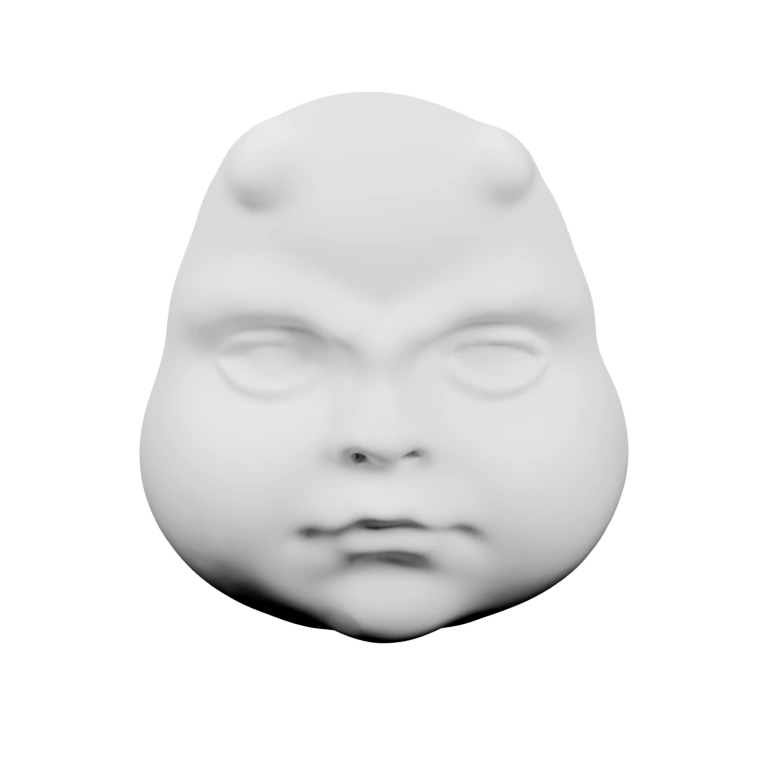 Гладкое, с закрытыми глазами, с двумя рогами на голове