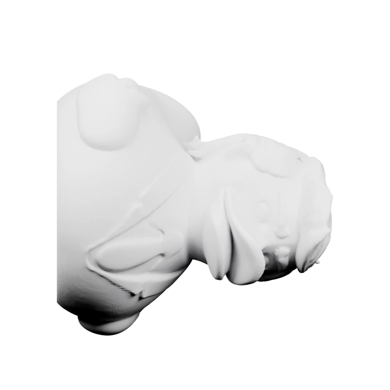 Утка с выразительным лицом и ушами, сидит на спине