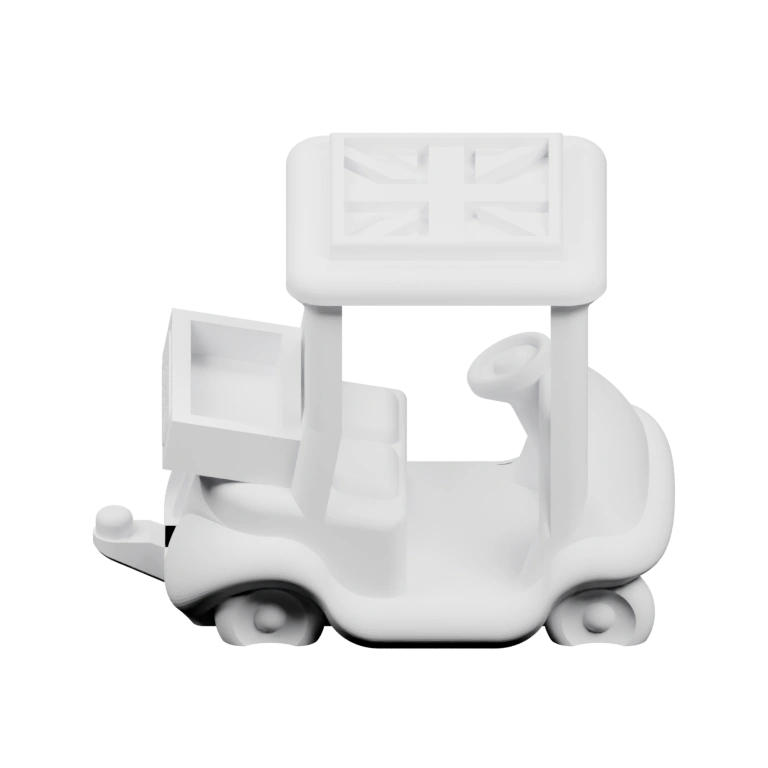 Маленький транспорт с кабиной и колесами, украшенный флагом