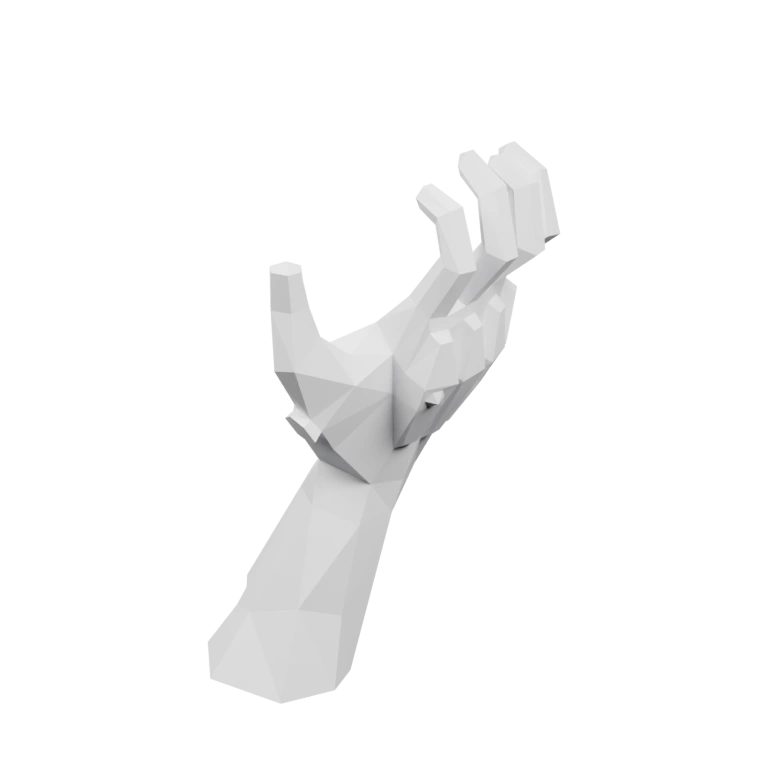 Скульптурная рука с геометрическими поверхностями и пальцами, изображёнными в разных позах