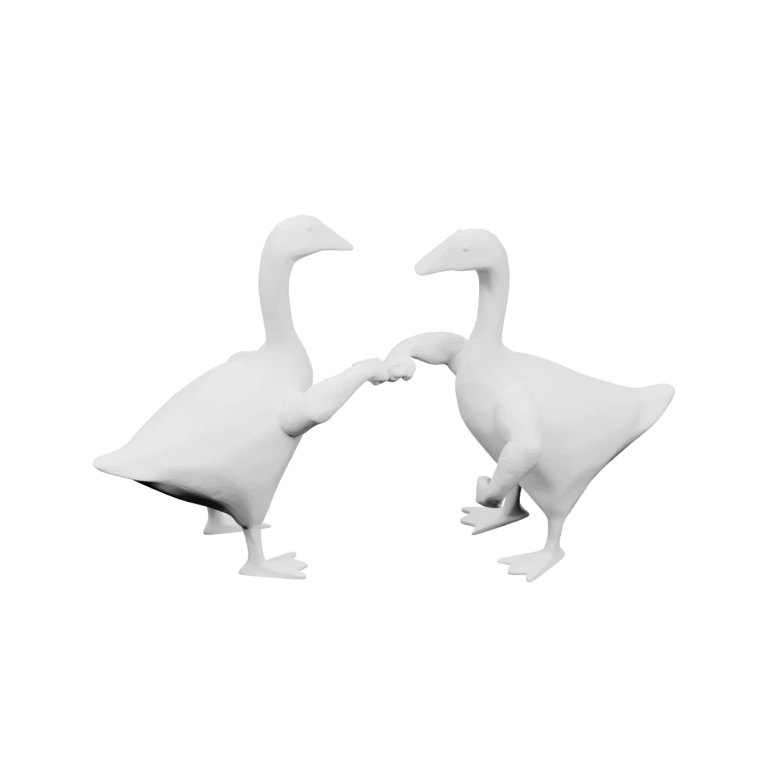 Утка стоит на двух ногах, одна лапа поднята вверх, голова вытянута вперёд