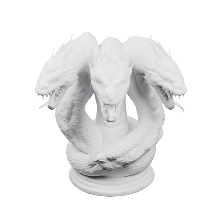 Многоголовое существо в спиральной позе на круглом основании