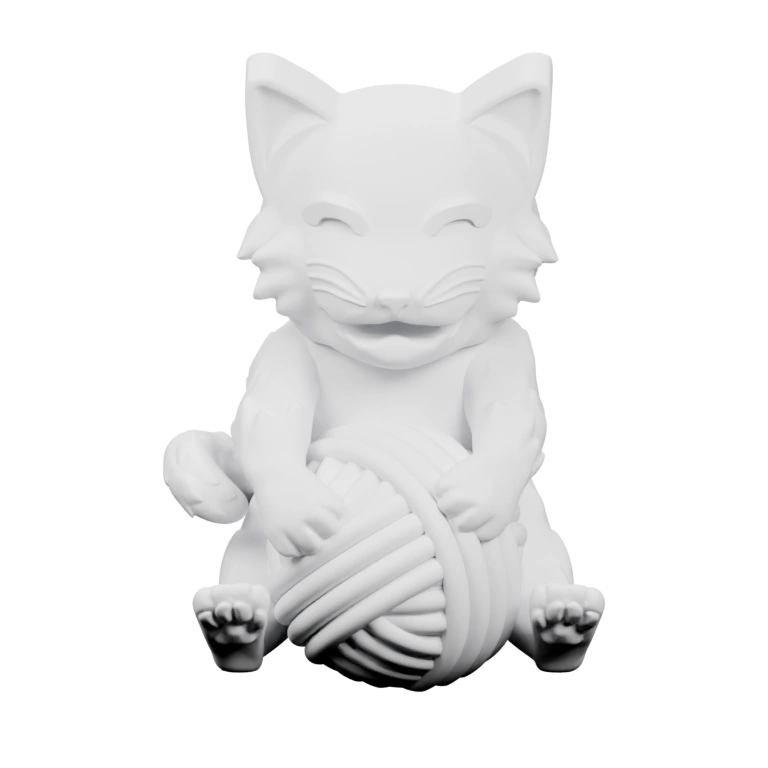 Сидящий кот держит клубок ниток, улыбается, имеет выразительные уши и лапы