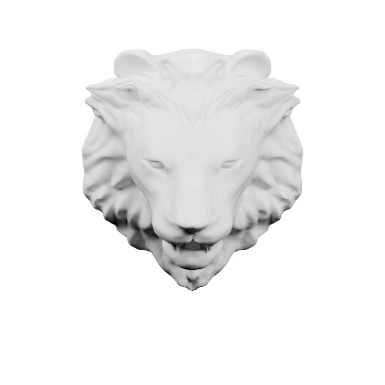 Голова льва с густой гривой, симметрично оформленная, с отверстием для крепления