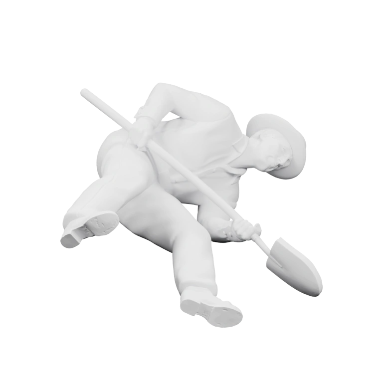 Человек в шляпе держит лопату в разных позах