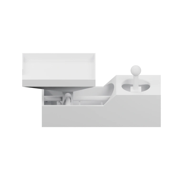 Имеет верхнюю часть, открывающуюся, с центральным элементом и внутренними деталями