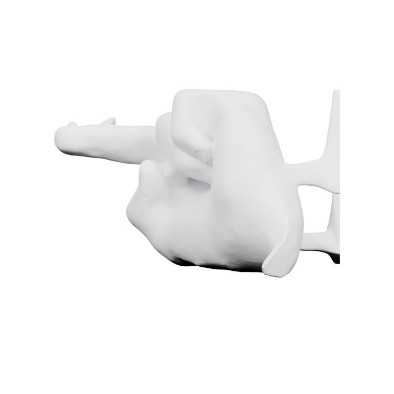 Утка стоит на лапах, поднимает палец вверх, имеет характерные черты птицы