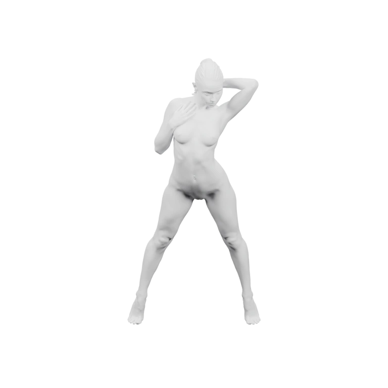 Показана в разных позах, с руками на голове и телом в движении