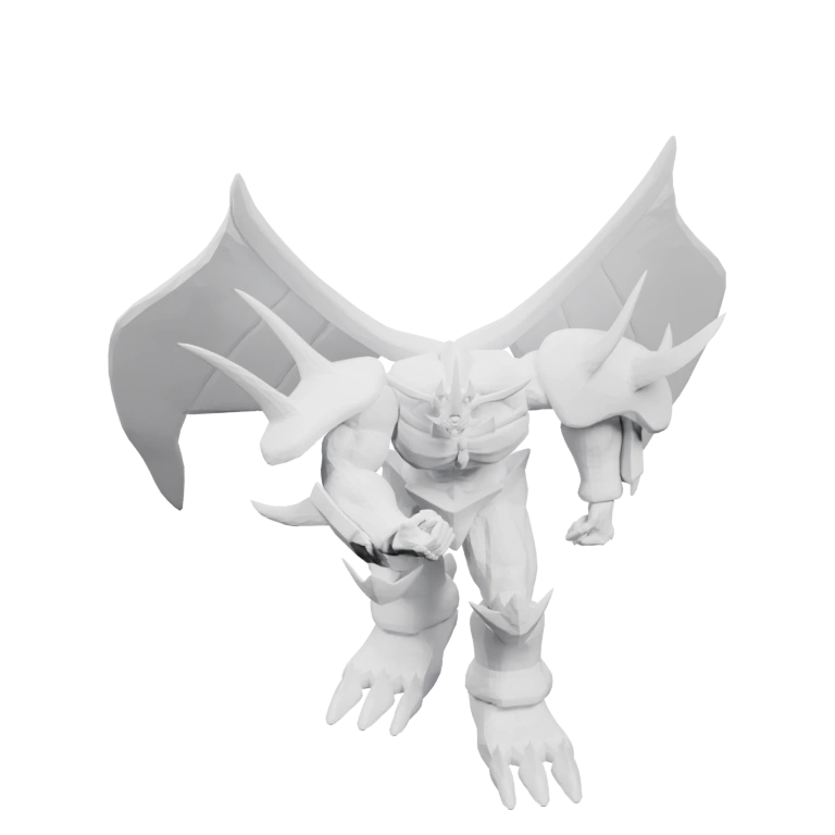 Сильный существ с крыльями, рогами и оружием, в боевой позе