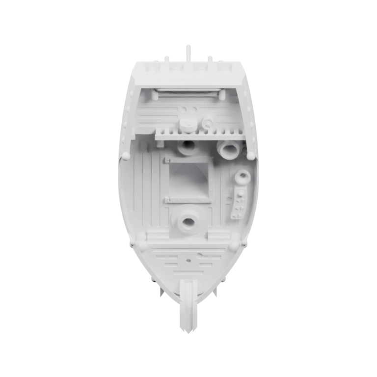 Форма напоминает судно с открытым интерьером и деталями на борту