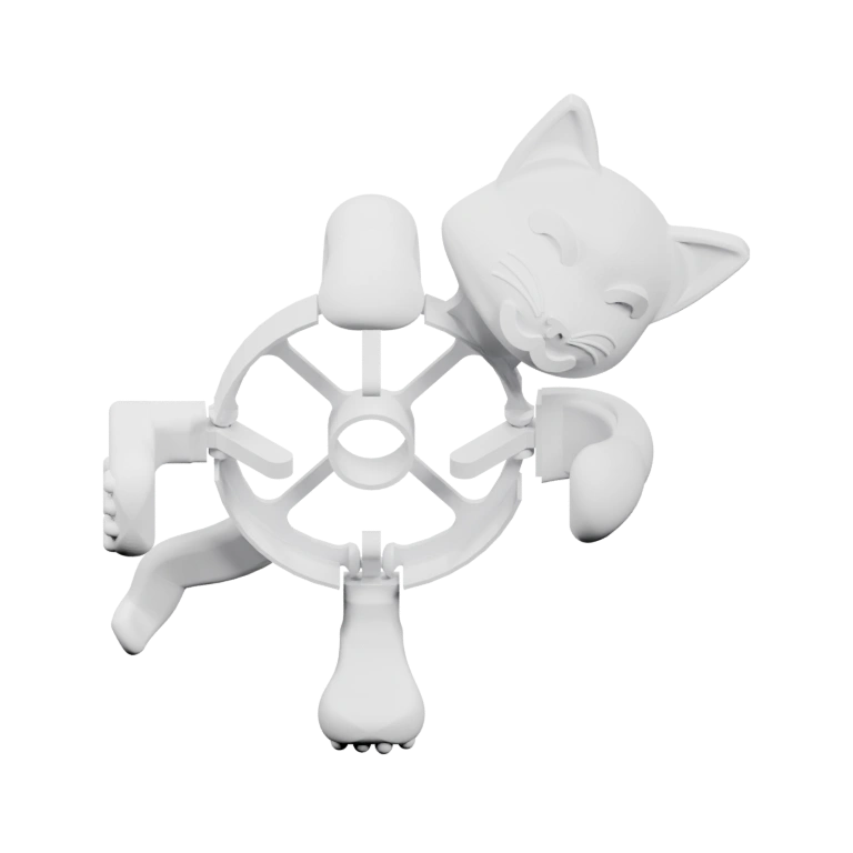 Кот с улыбкой держит руль, стоит на подставке