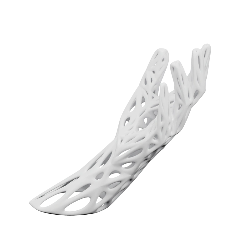 Сложная структура с отверстиями и изгибами, напоминает костяной каркас