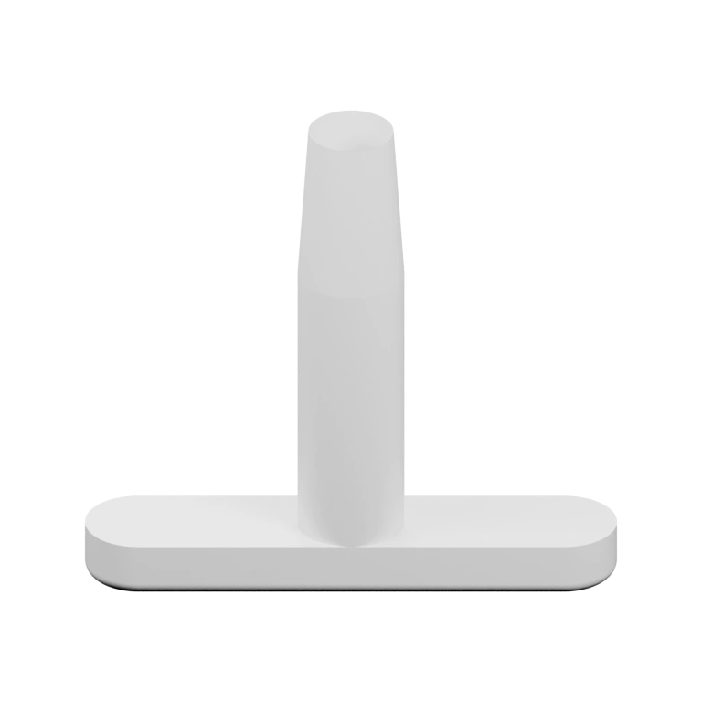 Имеет форму буквы Т, с плоским верхним элементом и цилиндрической частью