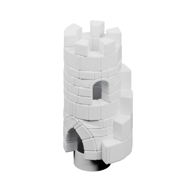 Высокая башня с зубцами и аркой, построена из кубических элементов