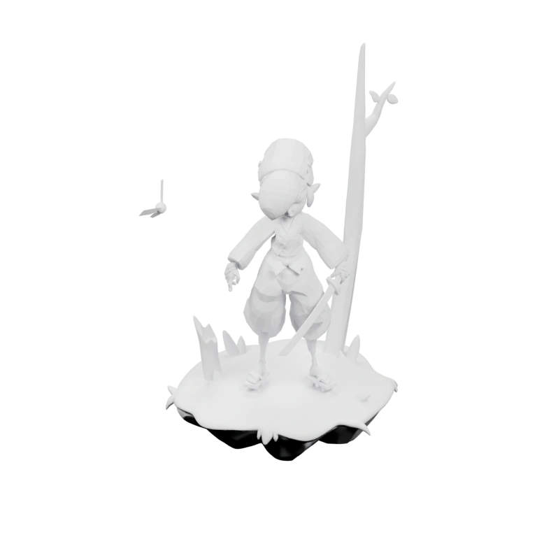 Маленькая фигурка с круглой головой и ушами, сидит на круглой подставке