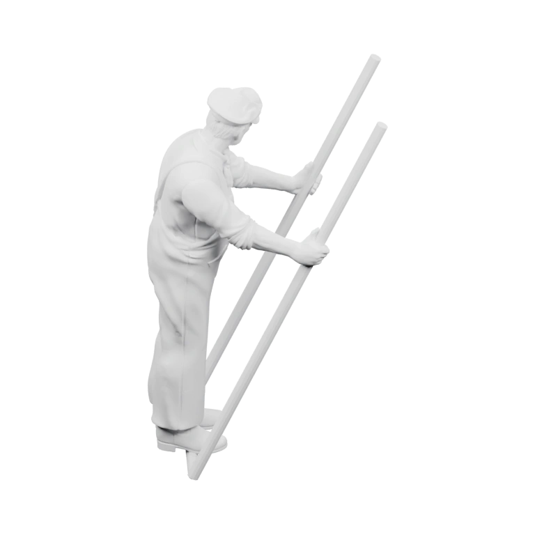 Человек в комбинезоне с головным убором держит инструмент