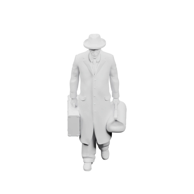 Человек в пальто и шляпе держит сумку и чемодан