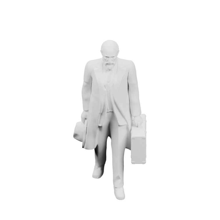 Мужчина в пальто с чемоданом и шляпой, идёт вперёд