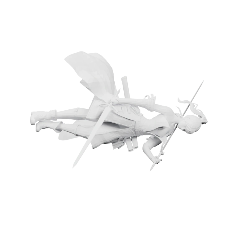 Воин в боевой позе с длинным копьем и развевающимся плащом