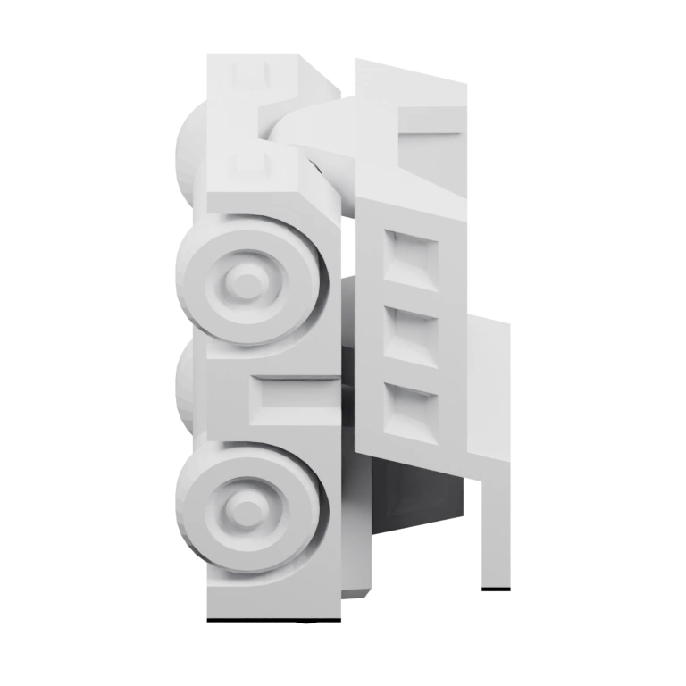 Имеет сложную геометрическую форму с отверстиями и выступами