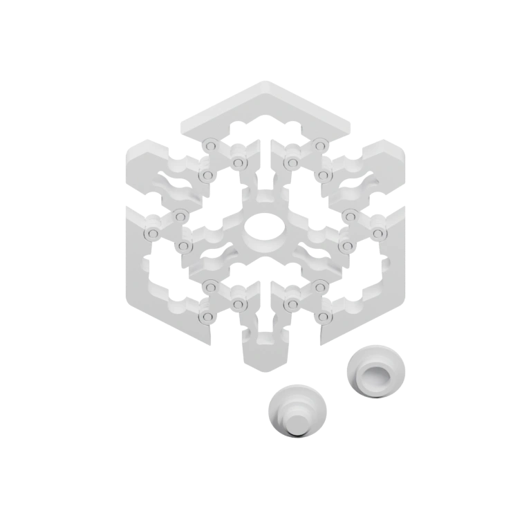 Состоит из множества соединённых частей с отверстиями и выступами